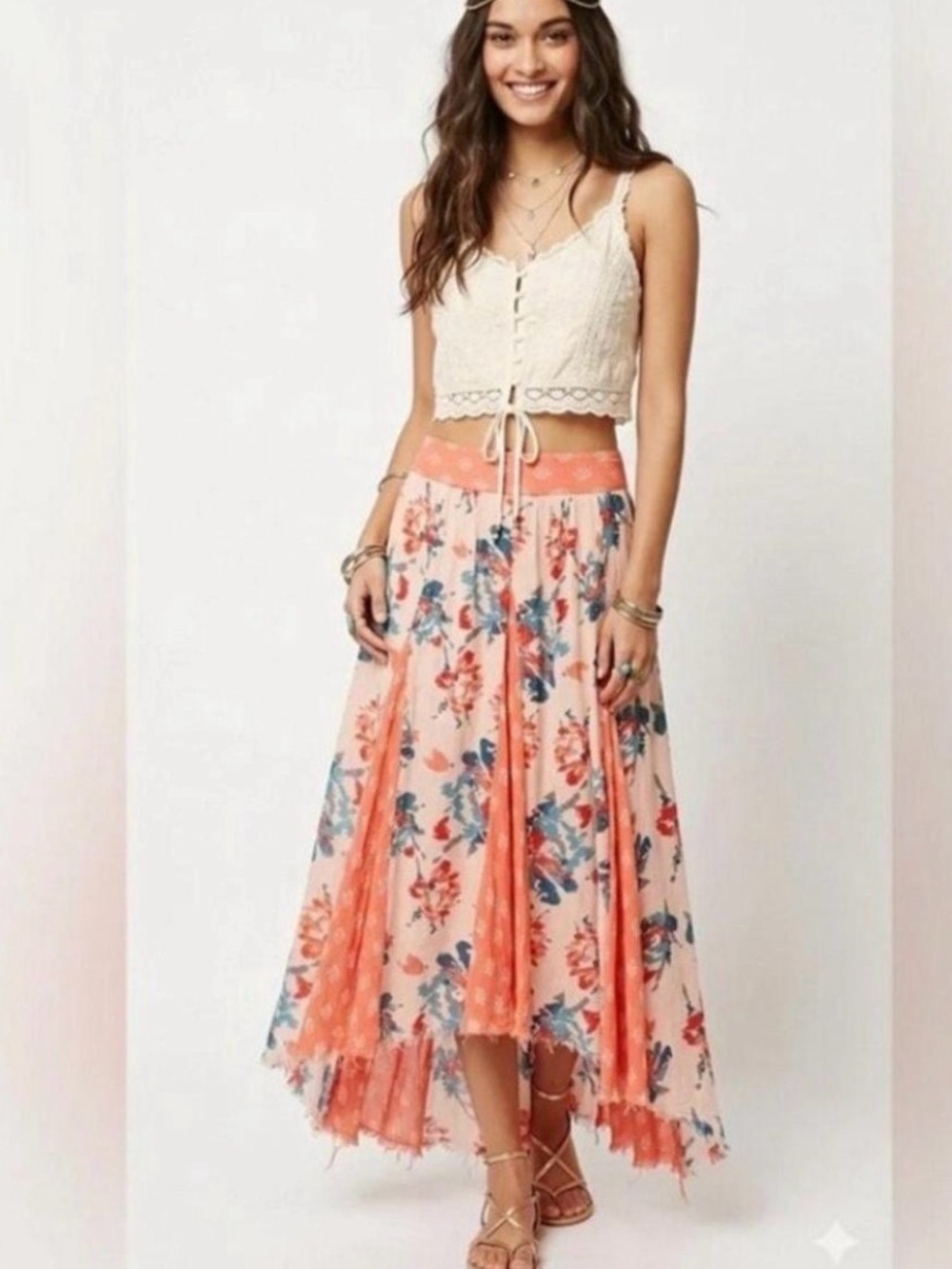 Free People Coral & Blue Floral High-Low Maxi Skirt